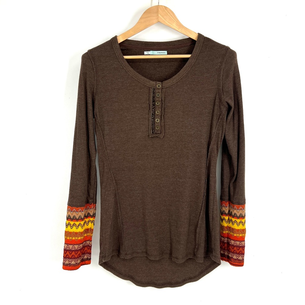 Maurices Womens Brown Waffle Knit Henley Top Embroidered Cuffs Large